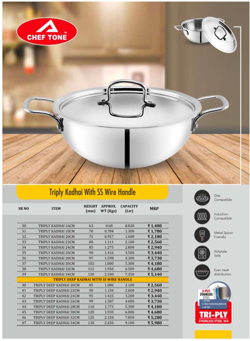 CHEFTONE Triply Kadai With Lid