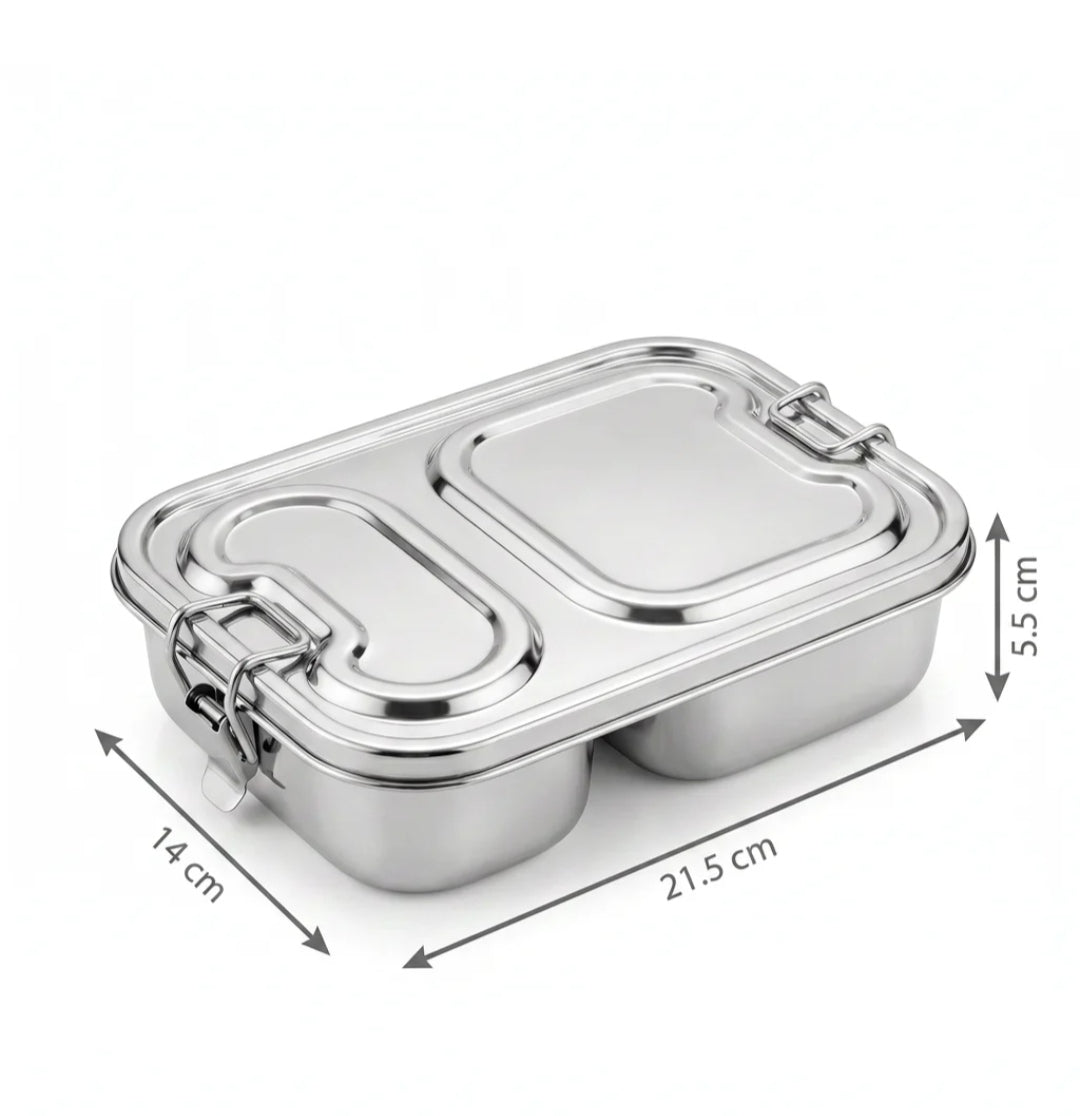 Vachan 100% stainless steel partition lunch box - 2 compartments with clip lock