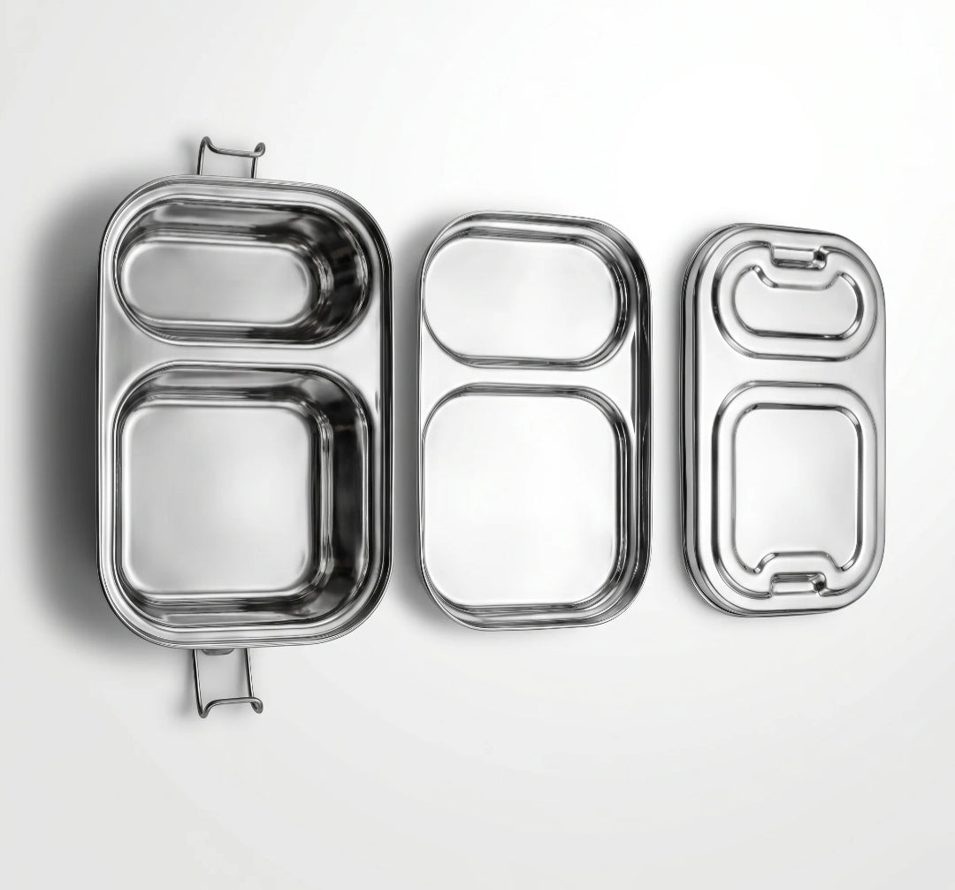 Vachan 100% stainless steel partition lunch box - 2 compartments with clip lock