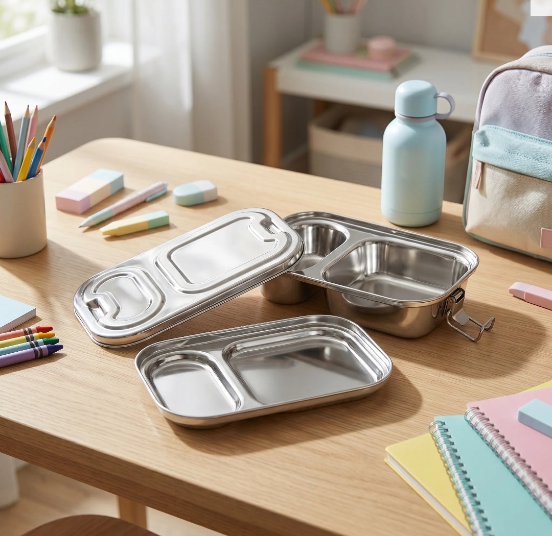 Vachan 100% stainless steel partition lunch box - 2 compartments with clip lock